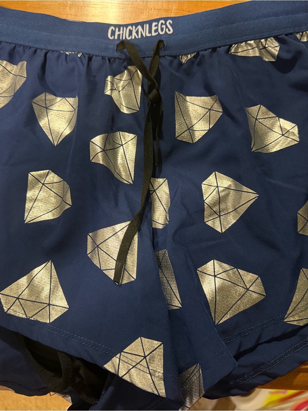 Men’s 1.5” Split shorts. Navy Blue Drawstring Shorts with Metallic Diamond Print